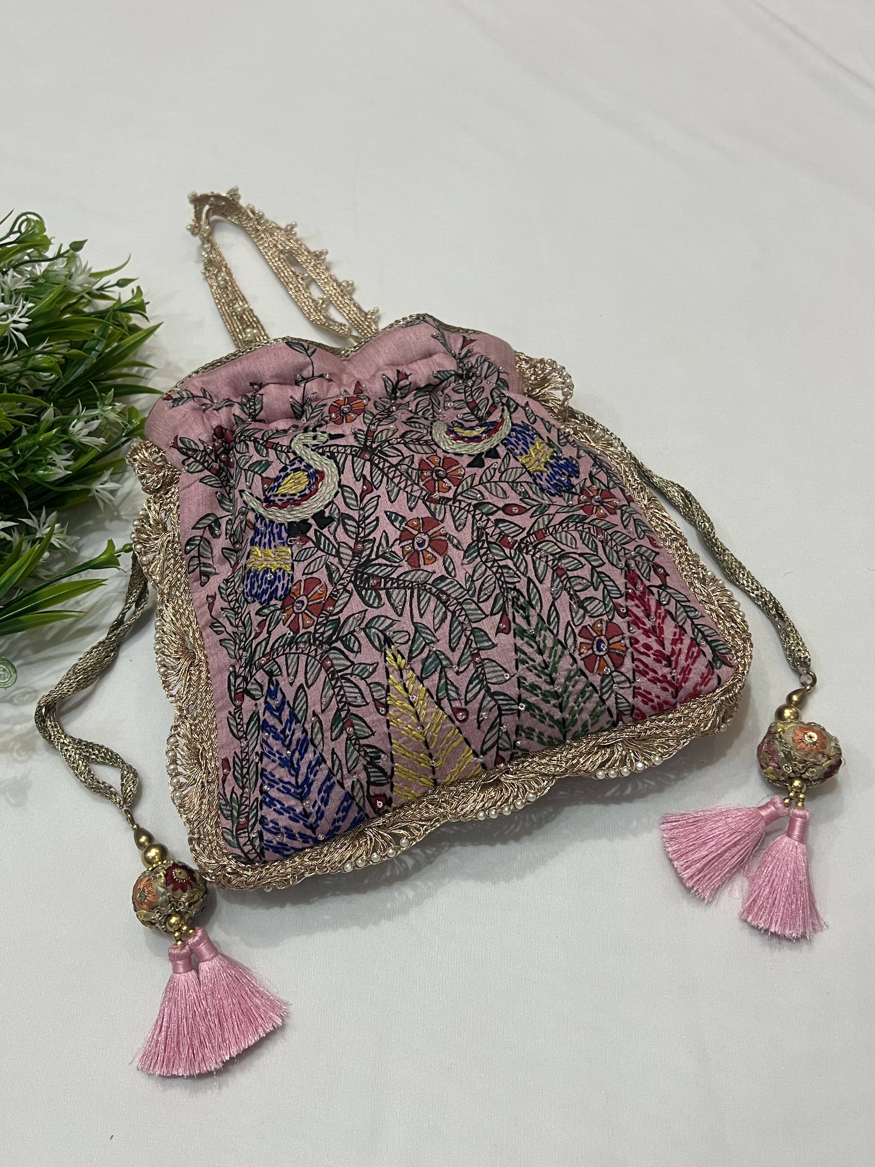 Hand-Painted Pink Potli with Madhubani and Sujni Hand Embroidery